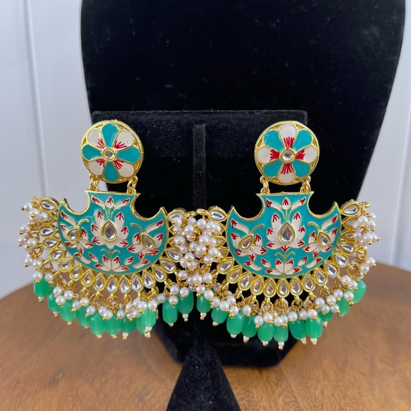 Mint Green Meenakari Chandbali Earrings | Floral Enamel Dangle - Picture 10 of 10